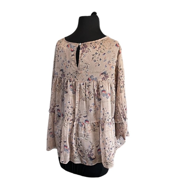 Eri+ Ali Women's Beige Floral Plated‎ Hem Tunic Ruffle Crew Neck Blouse Large - Picture 3 of 8